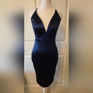 Windsor Navy Satin Look Plunge Bodycon Midi Dress S